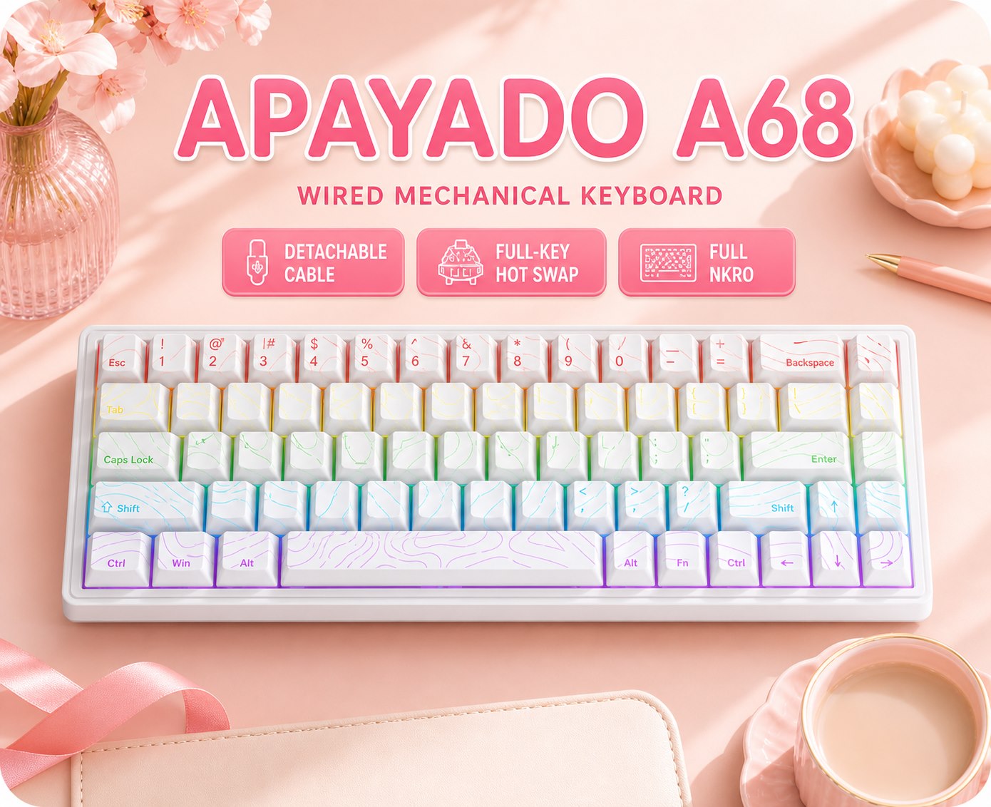 Anti-Ghosting Keyboard - APAYADO A68 Bedraad Mechanisch Toetsenbord Hot-Swappable