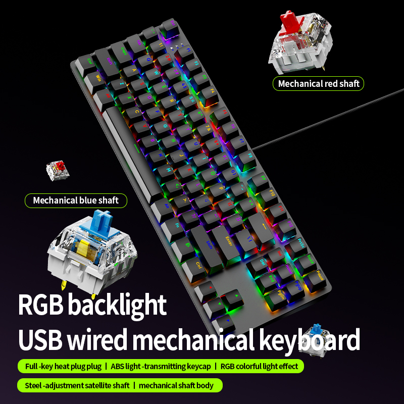 Anti-Ghosting Keyboard - AK87 Hot-swappable mechanisch gamingtoetsenbord, RGB-achtergrondverlichting, USB-bedraad,