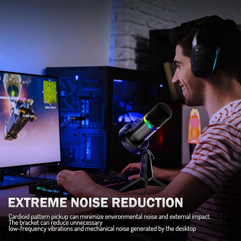 Gaming Microphone - USB-gamingmicrofoon met boogarmstandaard, ruisonderdrukking, condensator RGB-microfoon